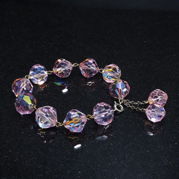 Vintage 1960s  Pink Large Beaded Crystal Dangle Bracelet - Picture 10 of 10